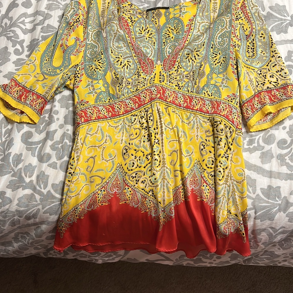 Vibrant Yellow and Red Paisley 100% silk top